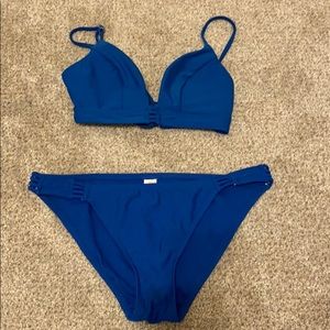Two piece royal blue swimsuit.
